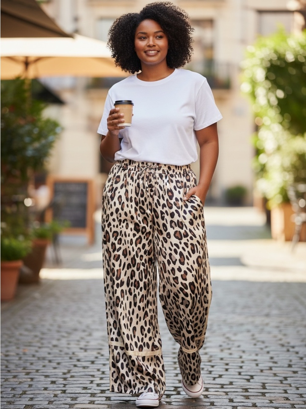 Wide Leg Leopard Print Pants - Beige